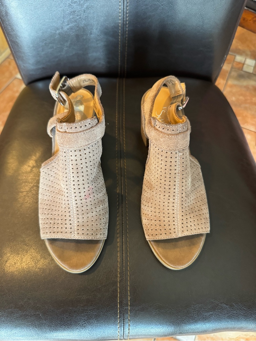Franco Sarto Taupe Perforated Suede Peep-Toe Sandals